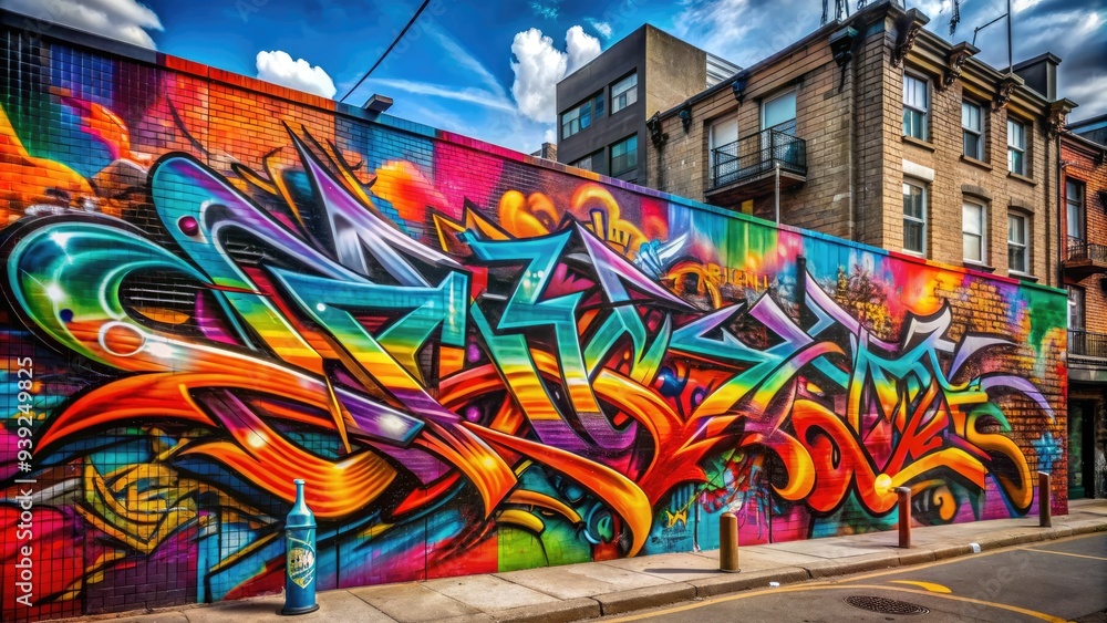 Naklejka premium Vibrant street art mural featuring intricate calligraphy and stylized graffiti letters, blending abstract shapes and bold colors, set against a gritty urban backdrop.