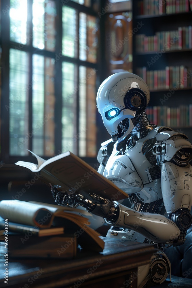 Humanoid AI robot reading against a fuzzy background in a library
