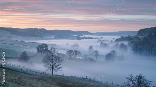 The first light of morrow casting long shadows on a mist-covered valley, with the landscape gradually coming to life