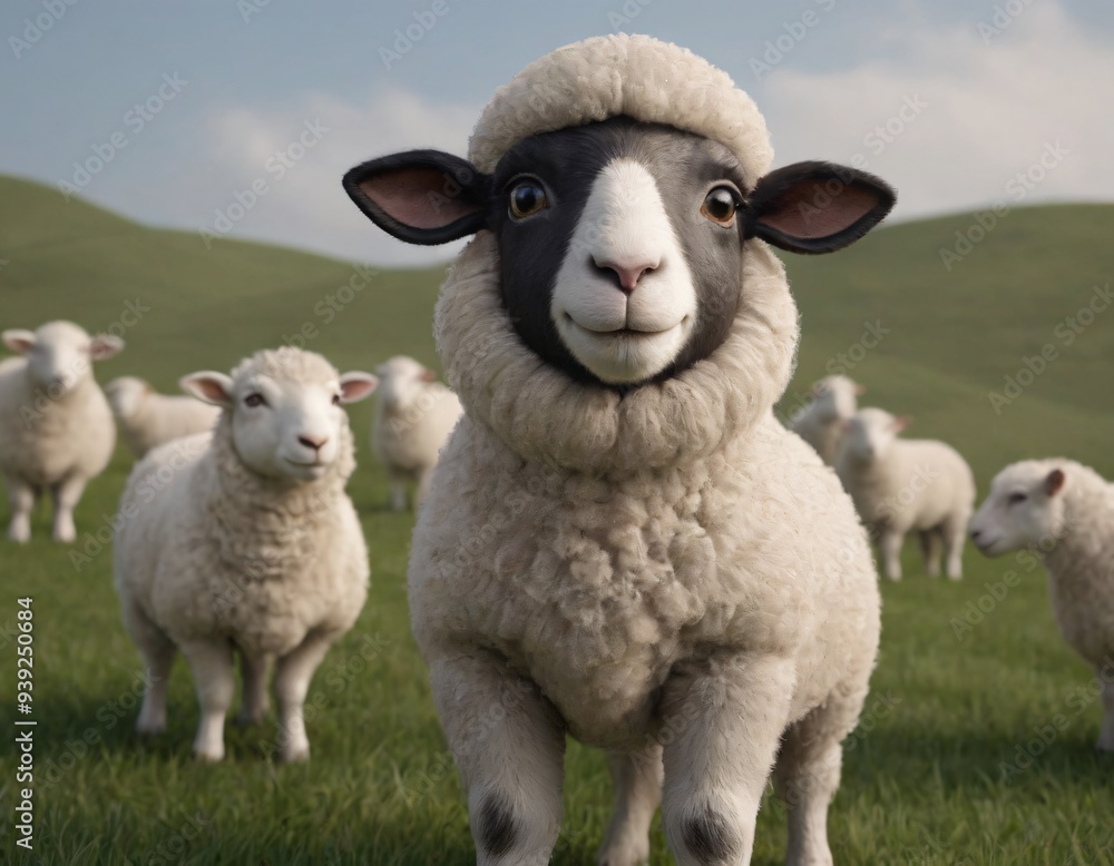 Fototapeta premium High resolution cute smiling sheep with wool 3d character image, Sheep 3d illustration image. 