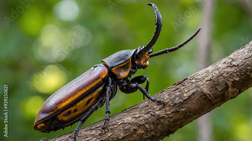 The small rhinoceros beetle is also known as the Hercules beetle, Unicorn beetle or Horn beetle. One of the world's most famous exotic insect pets. Selective focus, blurred background