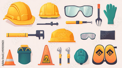 Colorful cartoon construction tools and safety gear. photo