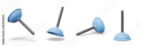 Realistic blue piston in different positions. Popular device for cleaning clogged sewer pipes