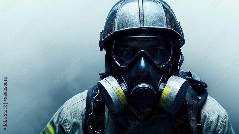 A firefighter dons a gas mask, ready for action in swirling smoke A firefighter dons a gas mask, ready for action in swirling smoke