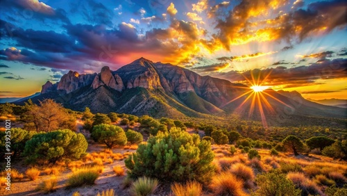 Vibrant sunrise casts a warm glow on the rugged Sandia Mountains, illuminating the rustic landscape with a kaleidoscope of colors and majestic shadows. photo