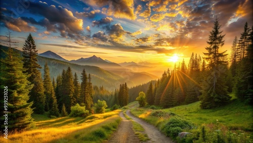 Vibrant sunrise casts warm golden light on a serene forest path, lined with lush green trees, leading to a breathtaking mountainous horizon. photo