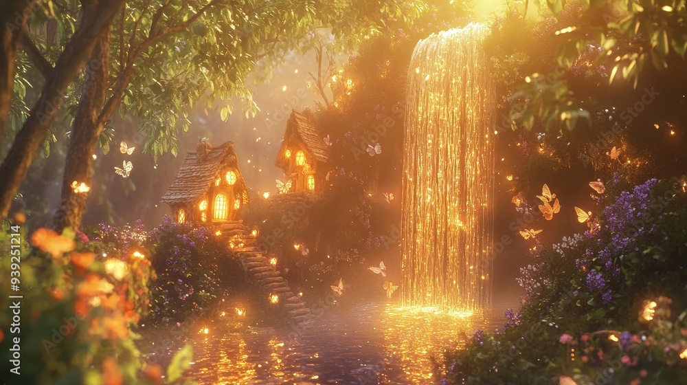 A serene fantasy scene with glowing houses, a waterfall, and butterflies in a lush environment. A serene fantasy scene with glowing houses, a waterfall, and butterflies in a lush environment.