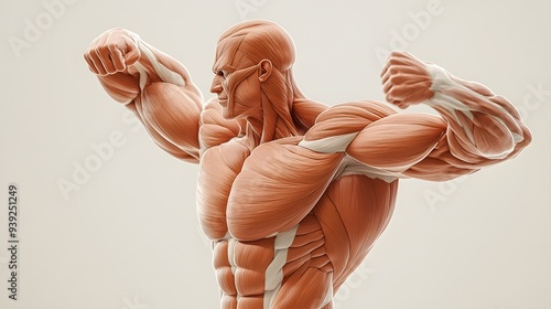 Muscular System in a Flexed Pose: A strong, flexed pose showcasing the muscular system, with detailed rendering of the biceps, triceps, and chest muscles.
