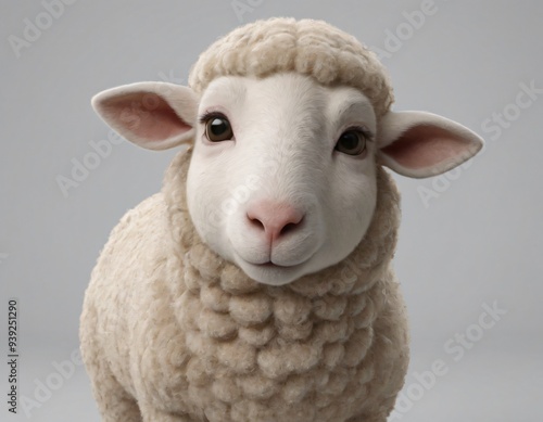 A closeup view of a cute smiling sheep with wool 3d character image, Sheep image.  photo