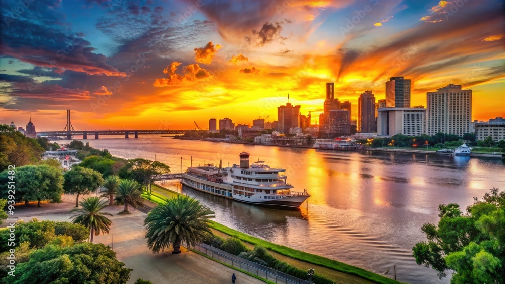 Vibrant sunset casts a warm glow over the Mississippi River as historic buildings, steamboats, and majestic cypress trees define the iconic New Orleans skyline.