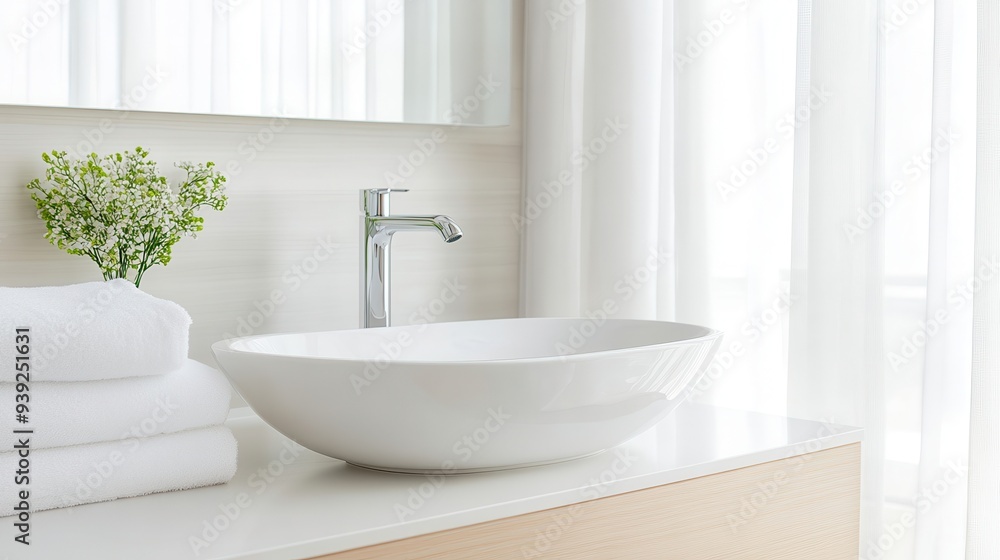 A white sink with a flower vase on top of it A white sink with a flower vase on top of it