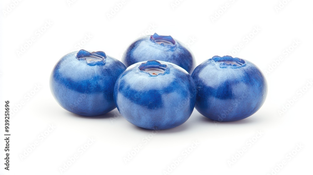 Obraz premium Four blue berries on a white background