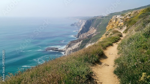 Coastal Path with Cliffside View of Ocean and Hills