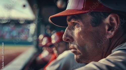 Coach in dugout focused on developing sports strategy while observing players during a training session