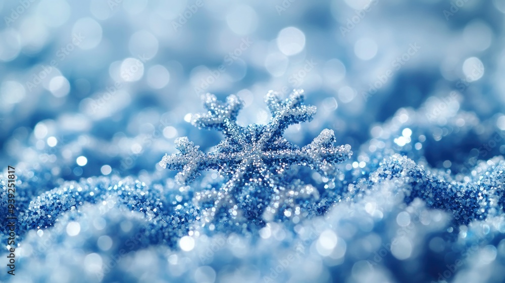 A sparkling snowflake gently lies on a bed of mesmerizing blue glitter A sparkling snowflake gently lies on a bed of mesmerizing blue glitter