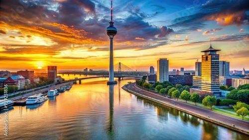 Vibrant sunset illuminates the Rheinturm tower and Dusseldorf's modern skyline, reflecting off the Rhine River in this picturesque German cityscape. photo