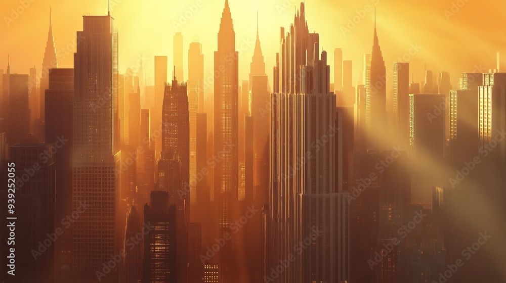 Obraz premium A city skyline dominated by towering skyscrapers with sharp, angular lines and sleek, vertical emphasis