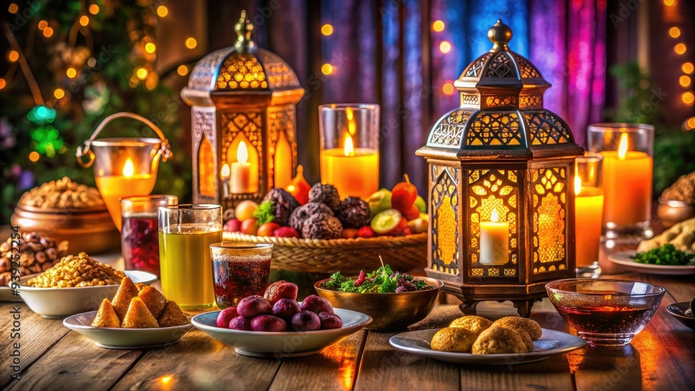 Vibrant table setting with traditional Middle Eastern delicacies, sparkling juices, and decorative lanterns, capturing the warmth and hospitality of Ramadan Iftar celebrations. Vibrant table setting with traditional Middle Eastern delicacies, sparkling juices, and decorative lanterns, capturing the warmth and hospitality of Ramadan Iftar celebrations.