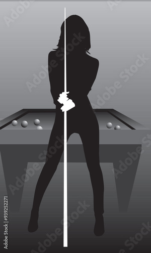 silhouette of a girl playing billiards, vector illustration for interior design and prints in a sporty elegant style