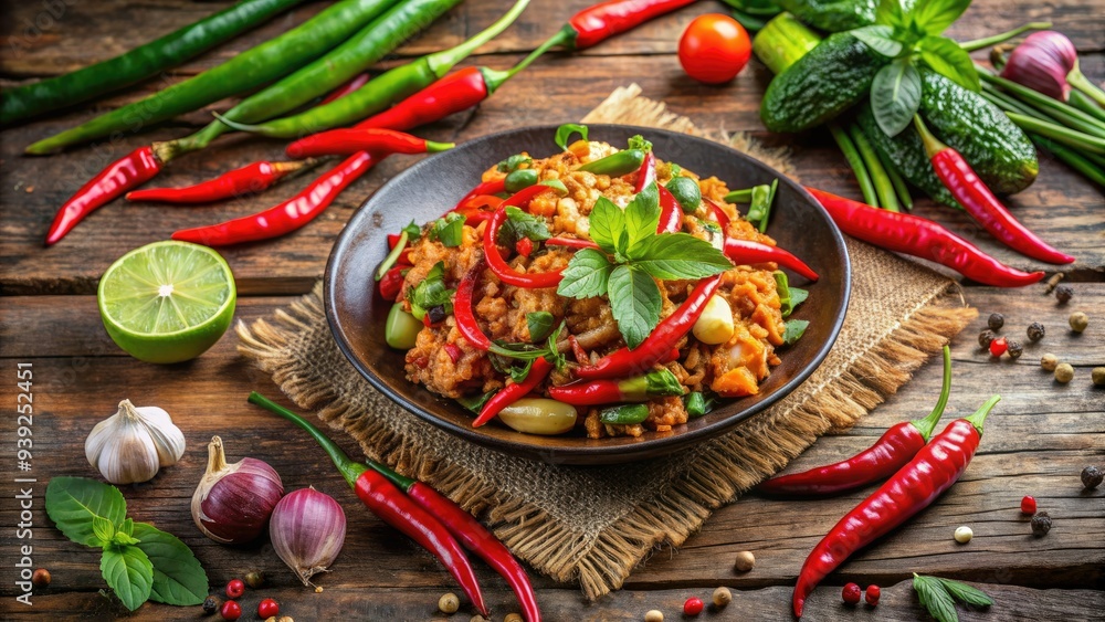 Vibrant Thai street food dish racha, also known as nam prik pao, set against a rustic wooden background with fresh chilies and herbs. Vibrant Thai street food dish racha, also known as nam prik pao, set against a rustic wooden background with fresh chilies and herbs.