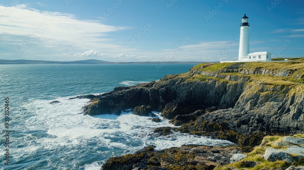 White Lighthouse Standing on a Rocky Coastline White Lighthouse Standing on a Rocky Coastline