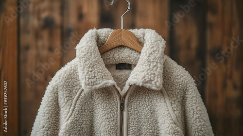 Cream sherpa jacket with zipper and wooden hanger. photo