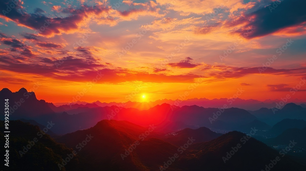 Fototapeta premium Sunset over a mountain range with vibrant sky and glowing sun.