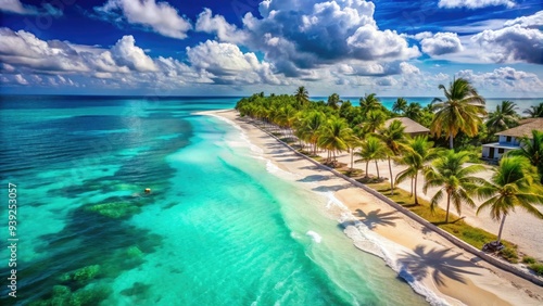 Fototapeta Naklejka Na Ścianę i Meble -  Vibrant turquoise waters lap against powdery white sand beach lined with palm trees and luxury resorts in this sun-kissed Mexican Caribbean coastal paradise.