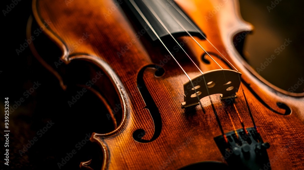 Fototapeta premium A close-up view of a beautiful violin showcases its rich wood grain and intricate details. The image captures the elegance and craftsmanship of this musical instrument. Perfect for music lovers. AI