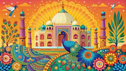 Vibrant vector illustration of India's cultural heritage, featuring iconic Taj Mahal, peacock, and traditional patterns in bright colors, perfect for travel and festival designs. photo