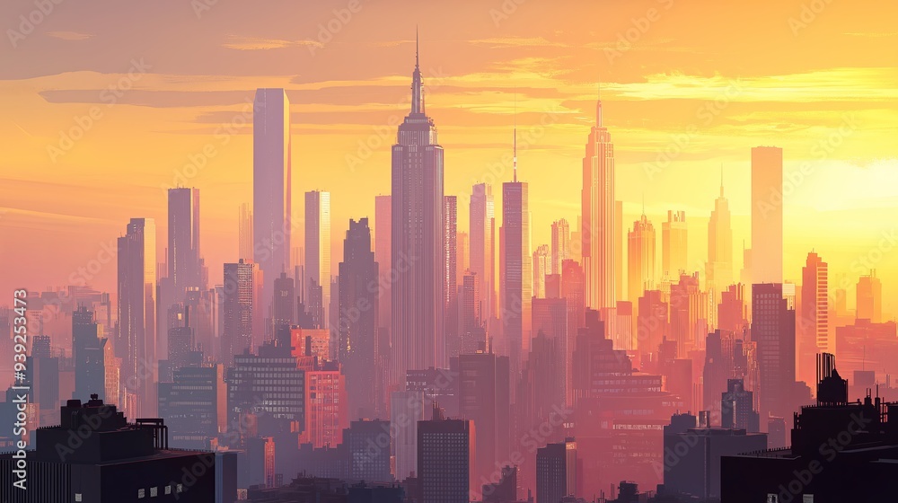 Fototapeta premium A city skyline dominated by towering skyscrapers with sharp, angular lines and sleek, vertical emphasis