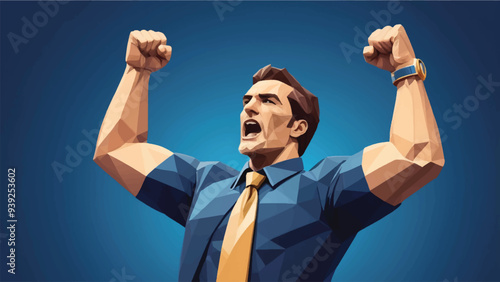 illustration of a man clenching his fist upwards, low poly style