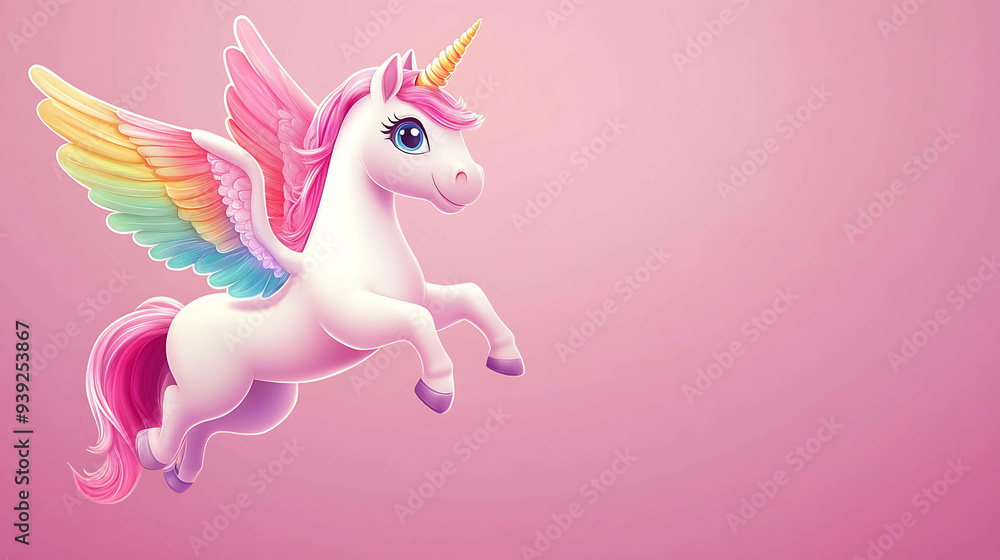 Naklejka premium A cute cartoon unicorn with rainbow wings and a pink mane flies against a pink background.