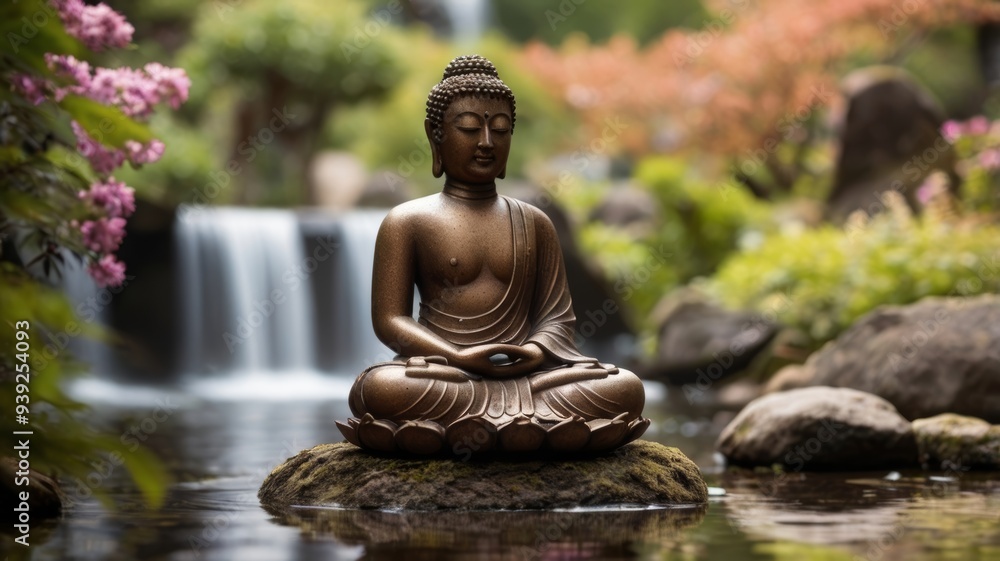 A bronze Buddha statue in pose for meditation in a Japanese garden among blooming greenery on a background of waterfall A bronze Buddha statue in pose for meditation in a Japanese garden among blooming greenery on a background of waterfall