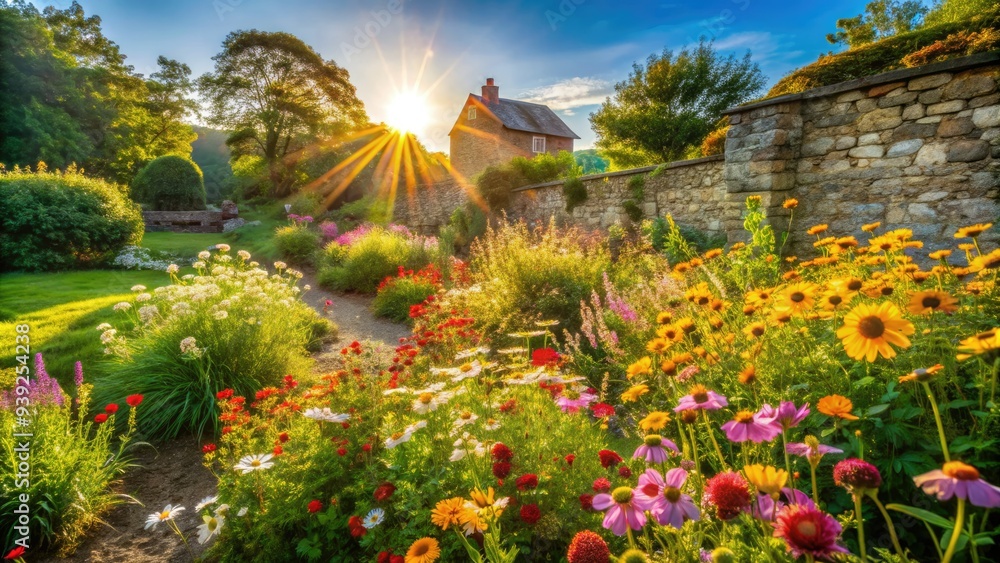 Vibrant wildflowers bloom amidst lush green grass in a whimsical, overgrown garden, surrounded by rustic stone walls and dappled with warm, golden sunlight. Vibrant wildflowers bloom amidst lush green grass in a whimsical, overgrown garden, surrounded by rustic stone walls and dappled with warm, golden sunlight.