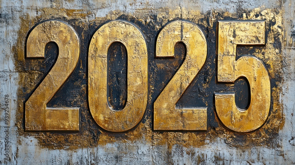 A striking golden representation of the year 2025 stands against a weathered backdrop