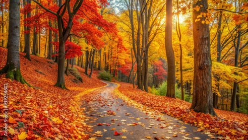 Vibrant yellow, orange, and red leaves swirl around a winding forest path, as crunchy fall foliage carpeting the ground radiates warmth and cozy autumn ambiance. photo