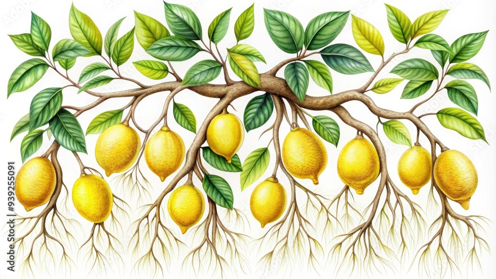 Vibrant yellow lemons hang from a stylized, hand-drawn citrus tree with delicate branches and ornate roots, set against a crisp white background in a whimsical illustration. Vibrant yellow lemons hang from a stylized, hand-drawn citrus tree with delicate branches and ornate roots, set against a crisp white background in a whimsical illustration.