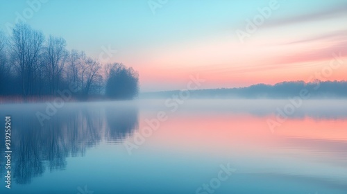 Wallpaper Mural Beautiful sunrise over calm lake, sun reflecting on water, morning clouds painting sky blue, trees casting long shadows, nature's peaceful dawn Torontodigital.ca