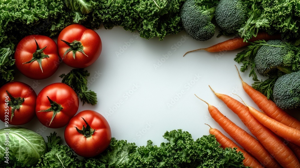 A vibrant mix of red tomatoes, green kale, carrots, and broccoli sets a healthy scene A vibrant mix of red tomatoes, green kale, carrots, and broccoli sets a healthy scene