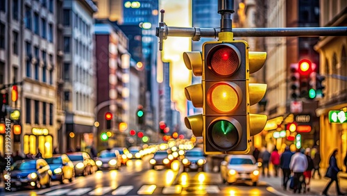 Vibrant yellow traffic light hangs suspended above a bustling city street, its cautionary glow illuminating the frenzy of vehicles and pedestrians in motion. photo