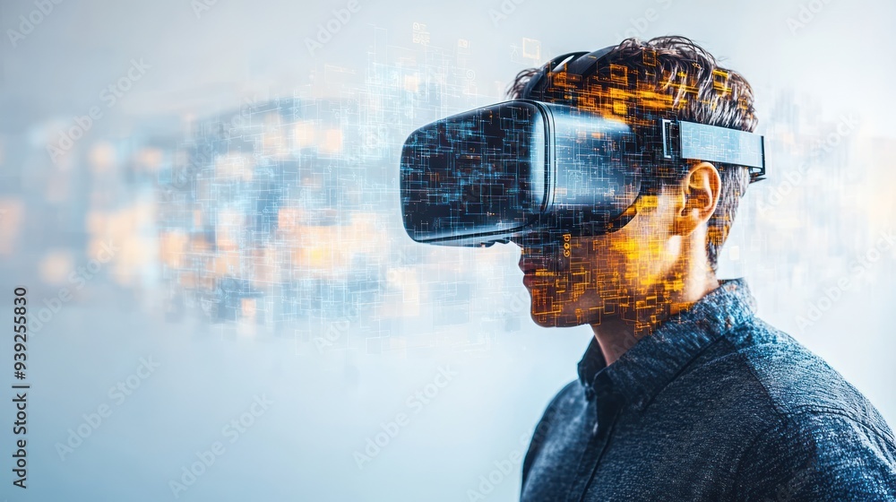 A man engages deeply with virtual reality, exploring a captivating digital landscape A man engages deeply with virtual reality, exploring a captivating digital landscape