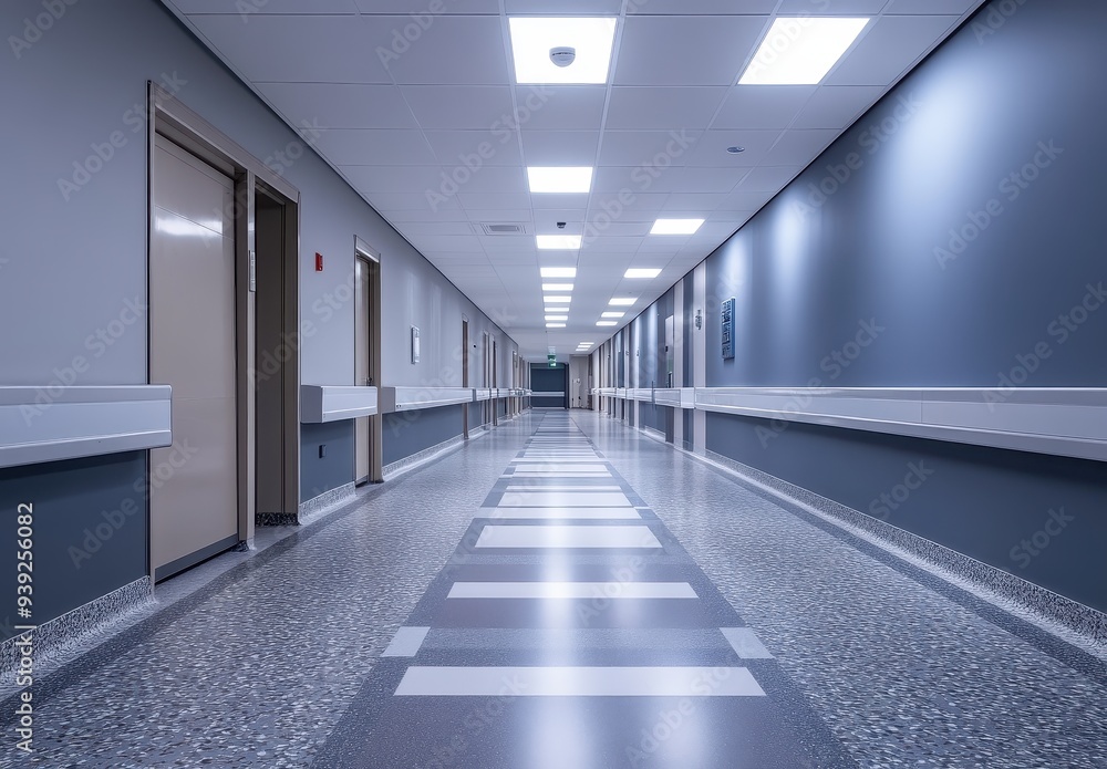 Empty Hospital Corridor with Bright Lights and a Clean Modern Design Empty Hospital Corridor with Bright Lights and a Clean Modern Design
