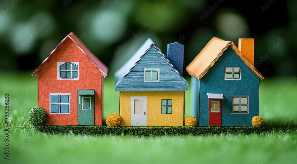 Vibrant Paper House Models, three uniquely shaped and colored houses in a green outdoor setting, symbolizing family life and community with a focus on intricate textures. Vibrant Paper House Models, three uniquely shaped and colored houses in a green outdoor setting, symbolizing family life and community with a focus on intricate textures.