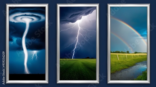 Three stunning framed pictures depicting a tornado, lightning, and rainbow. Perfect for weatherrelated designs, educational materials, or creative projects. photo