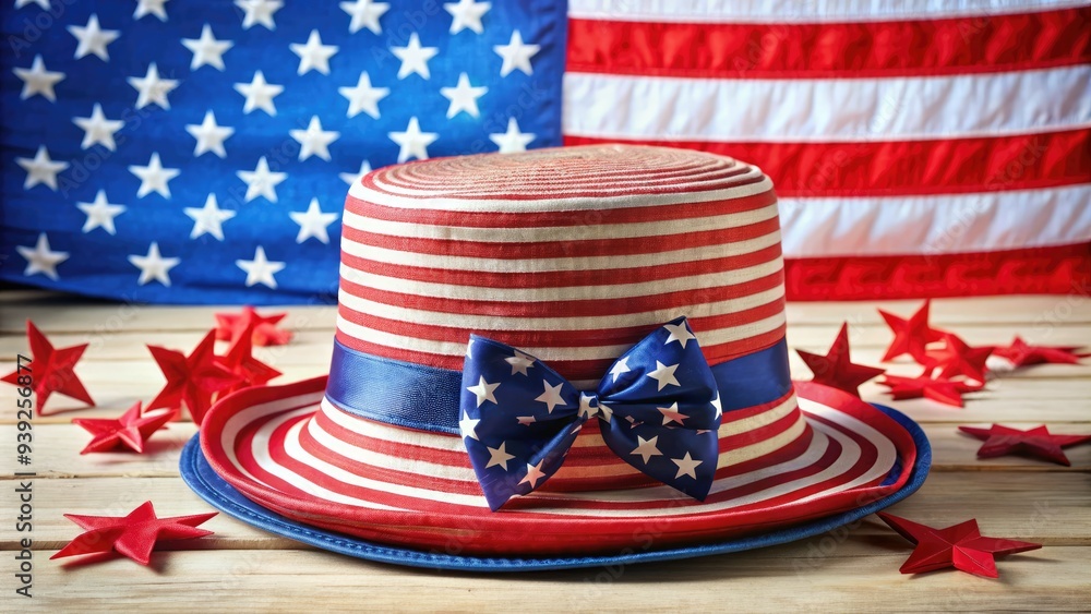 Obraz premium Vintage red, white, and blue star-spangled hat adorned with festive ribbons, stripes, and patriotic accents, perfect for celebrating Independence Day or summer outings.
