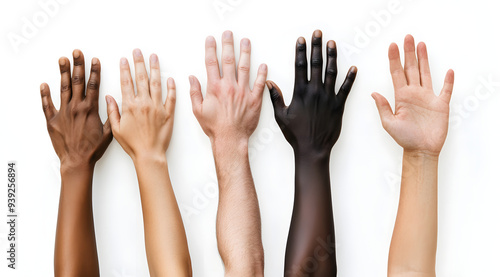 "Photo of Hands Raised in Different Skin Tones on a White Background, Representing Diversity and Unity in a Powerful and Inclusive Image"