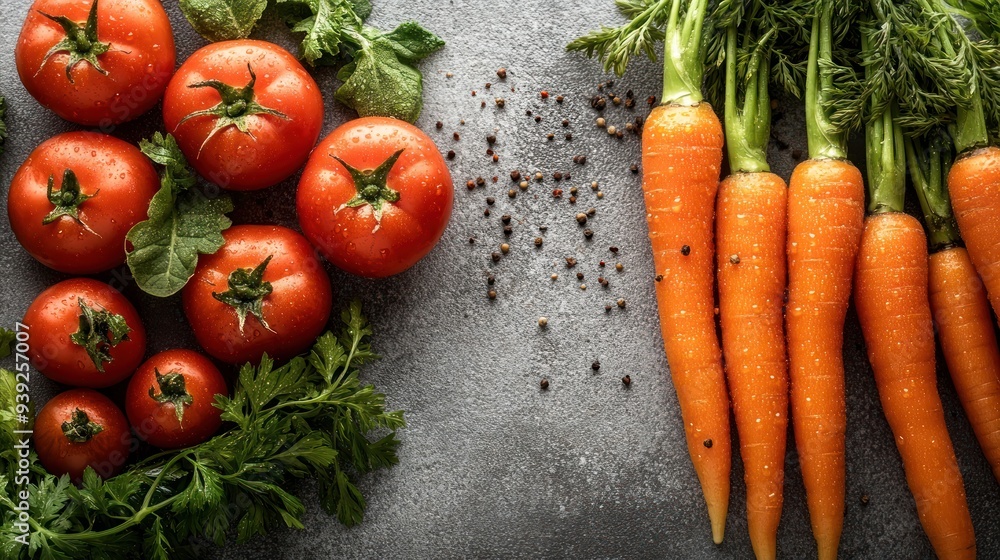 Vibrant tomatoes and crisp carrots display their natural beauty on a rustic backdrop Vibrant tomatoes and crisp carrots display their natural beauty on a rustic backdrop