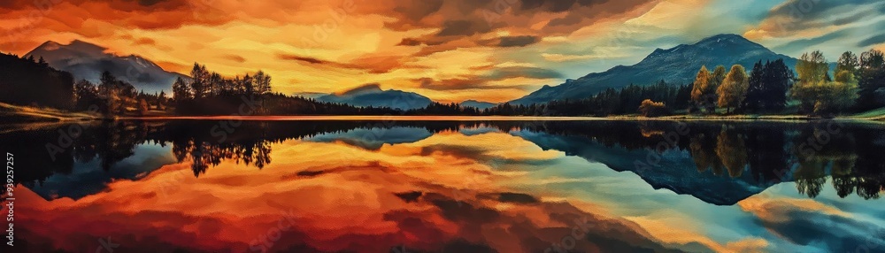 Obraz premium Stunning sunset over a tranquil lake, with vibrant colors reflecting on the water's surface, surrounded by majestic mountains.