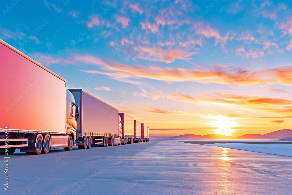 Trucks at Sunset with Colorful Sky. Majestic view of trucks lined up against a vibrant sunset backdrop showcasing an optimal blend of nature and transport in stunning colors Trucks at Sunset with Colorful Sky. Majestic view of trucks lined up against a vibrant sunset backdrop showcasing an optimal blend of nature and transport in stunning colors